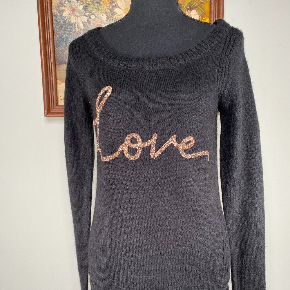 Lauren Conrad Knit Sweater Women's XS Crew Neck Black Glitter "Love" Casual